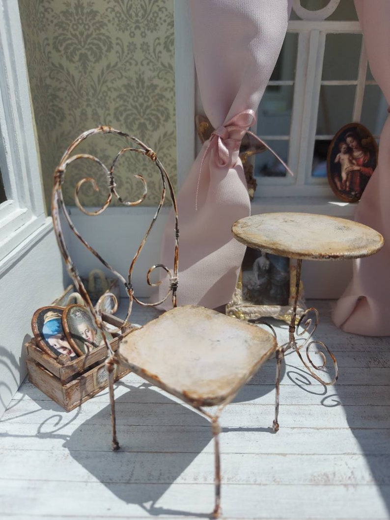 Miniature garden chair, dollhouse wire chair, one inch scale scene, 1:12 Vintage chair 