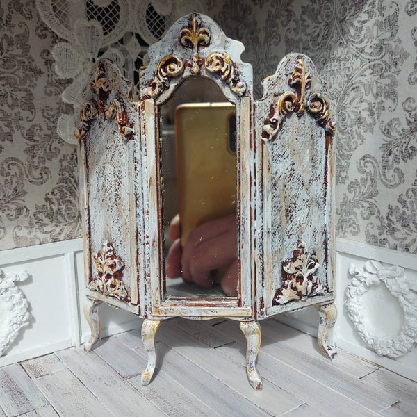 Paravent Louis XVI, paravent miroir de maison de poupée Marie Antoanette, séparateur de pièce miniature, échelle d'un pouce