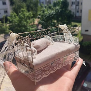 Miniature wire french daybed, antique, brocante bed, one inch scale dollhouse bed