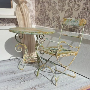 Dollhouse brocante garden table and chair, wrought iron miniature furniture, one inch scale