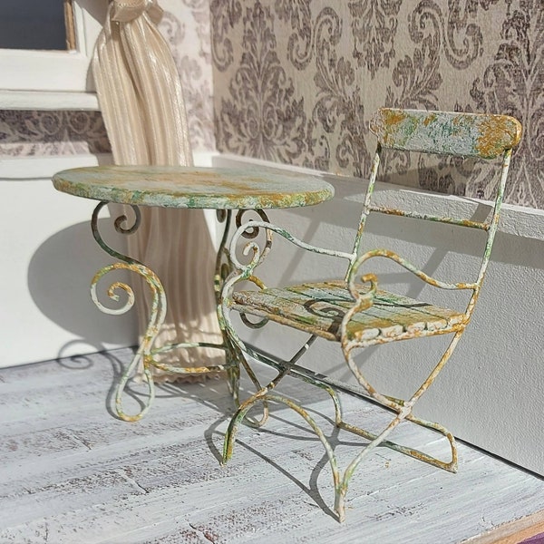 Dollhouse brocante garden table and chair, wrought iron miniature furniture, one inch scale