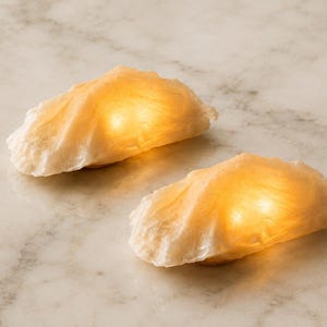 Op de afbeelding: Twee kleine, onregelmatige, schelpvormige lampen met een doorschijnend, gebroken wit, getextureerd oppervlak. Elk stuk straalt van binnenuit een warm, amberkleurig licht uit, wat zorgt voor een zachte verlichting die de organische, gevouwen contouren benadrukt.