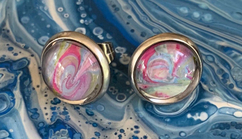 Acrylic Paint and Glass Cabochon Stud Earrings