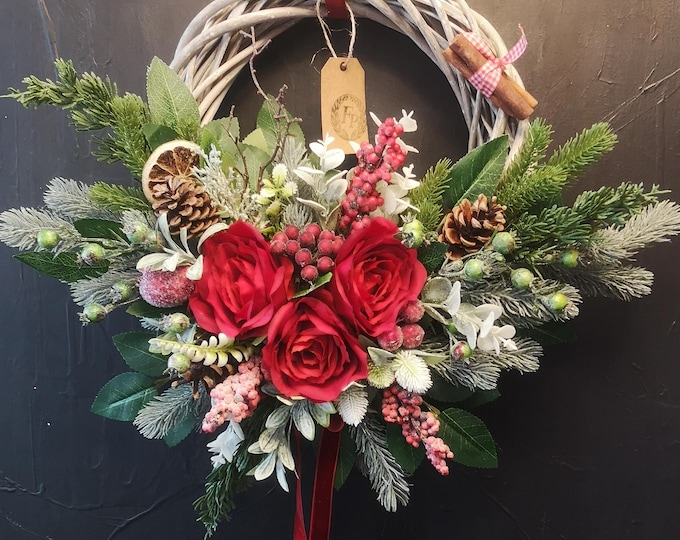 Winter Door Wreath Handmade Red Rose Frosted Pinecone Cinnamon Grey Willow Base