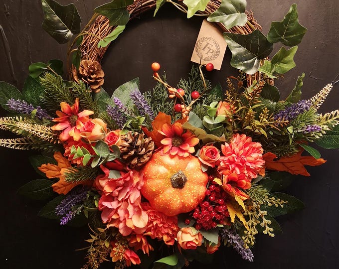 Autumn Door Wreath Orange Pumpkin Lavender Ivy Ivy Foliage