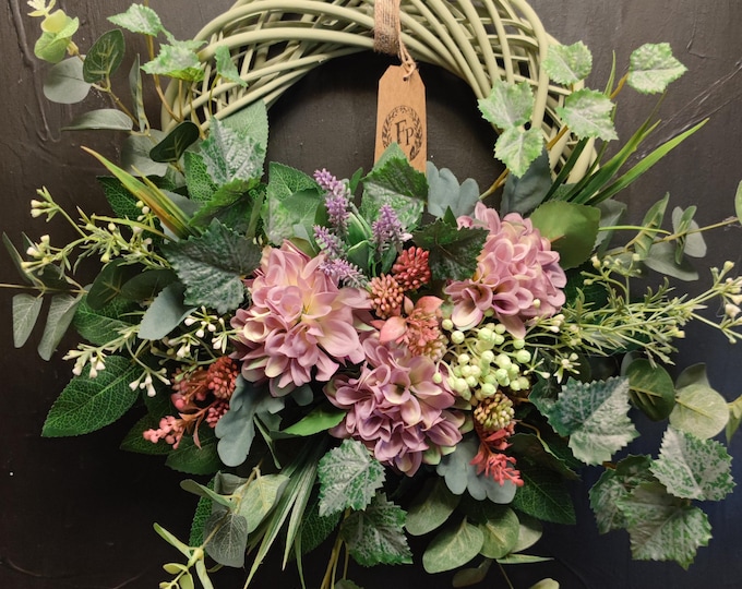 Mauve Dahlia Front Door Wreath with Lavender Eucalyptus and Ivy on Green Wicker Base