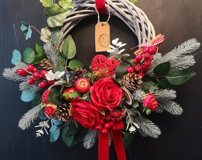 Winter Door Wreath Handmade Red Rose Berry Red Heart Cinnamon Grey Willow Base