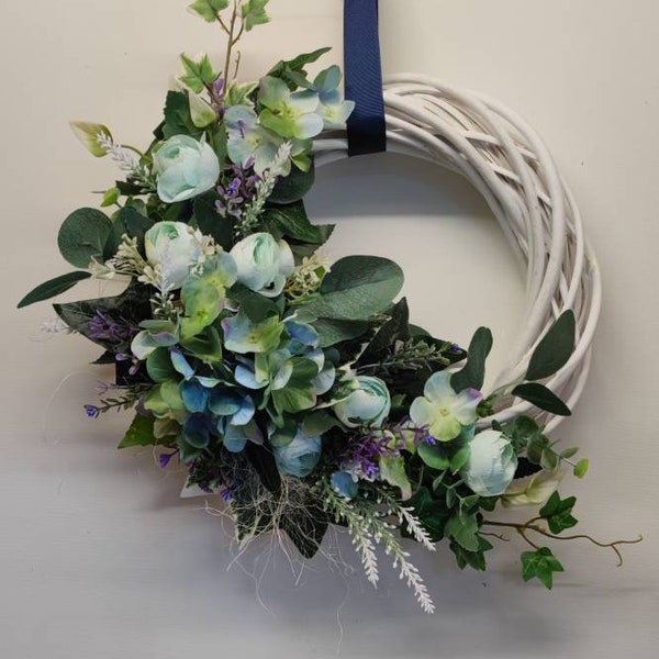 Blue Camellia handmade Door wreath with ivy