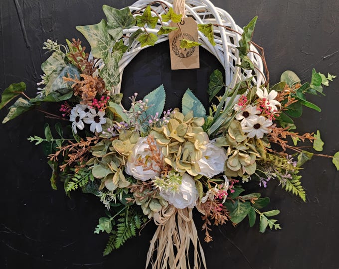 White roses and greenery artificial flowers handmade door wreath