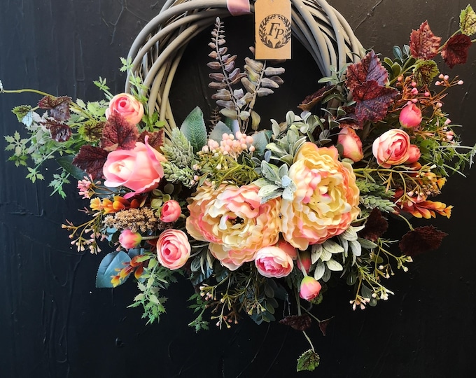 Peach Peony & Rose Front Door Wreath, Handmade Floral Wreath with Eucalyptus, Grey Wicker Cottage Door Decor