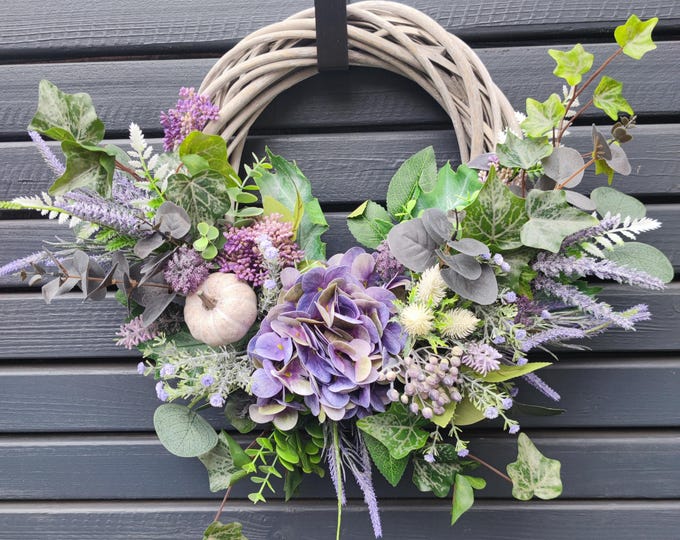 Autumn hydrangea artificial flowers handmade door wreath with pumpkin