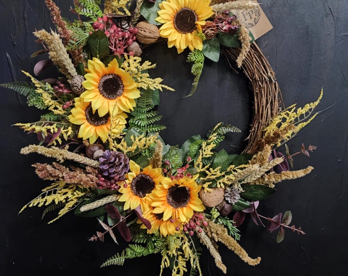 Dry grass and artificial flowers handmade door sunflower wreath