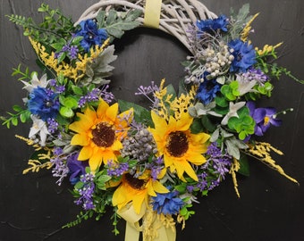 Couronne de porte artificielle faite main de tournesol d'été et de bleuet * 2 *