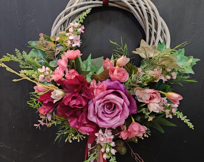 Pink roses artificial flowers handmade door wreath