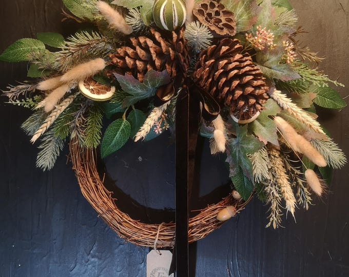Winter Door Wreath Christmas Large Pinecone Dried Citrus Lotus Grapevine