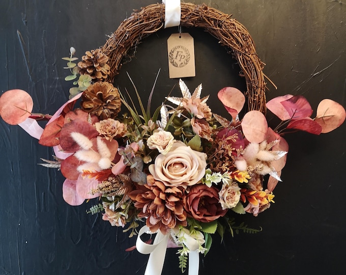 Dusty Pink Rose and Terracotta Chrysanthemum Wreath, Handcrafted Autumn Front Door Decor, Rustic Vine Base Wreath, Fast UK Dispatch