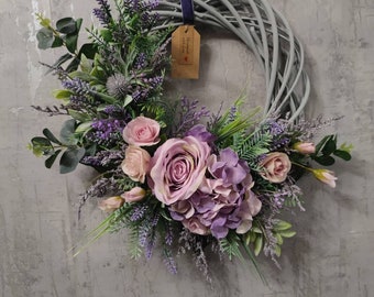 Couronne de porte faite main hortensias lilas et roses