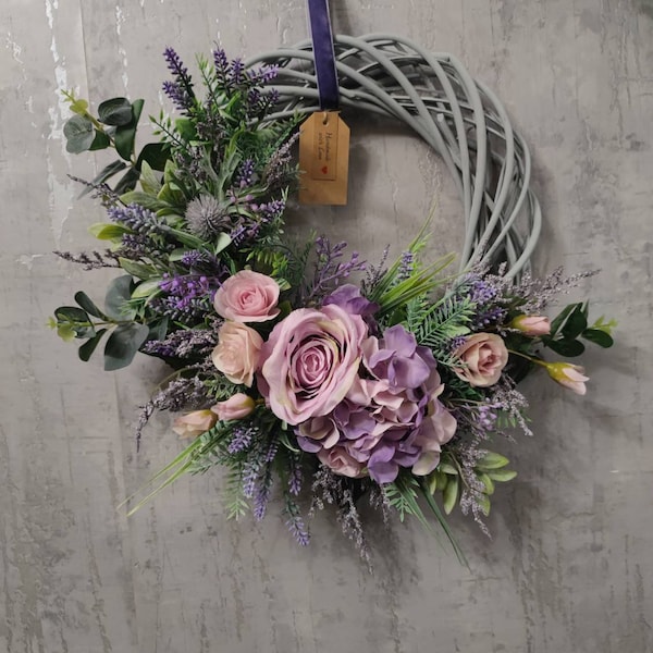 Lilac hydrangea and roses handmade door wreath
