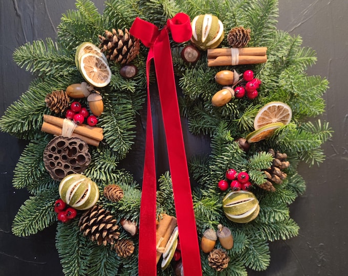 Fresh Non Drop Blue Pine Christmas Wreath with Dried Oranges & Cinnamon
