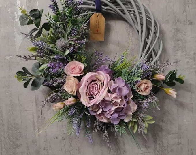 Original version - Lilac hydrangea and roses handmade door wreath with lavender and eucalyptus