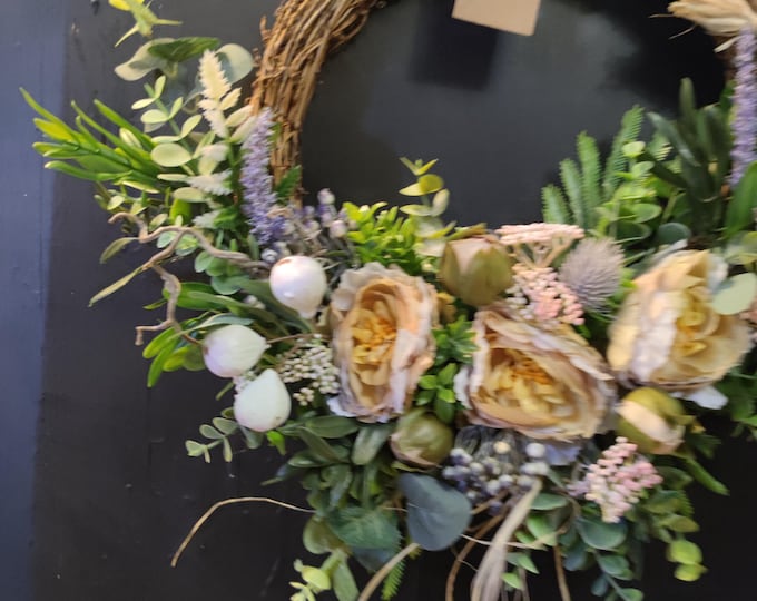 Autumn peonies and berries artificial flowers handmade door wreath