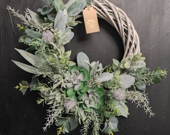 Green all year artificial handmade door wreath with thistle