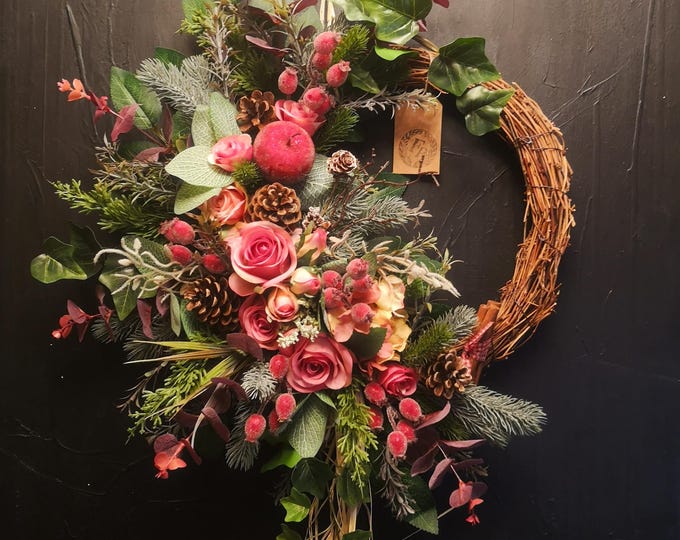 Autumn Door Wreath Handmade Coral Pink Rose Sugar Apple Rosehip Ivy Grapevine Base