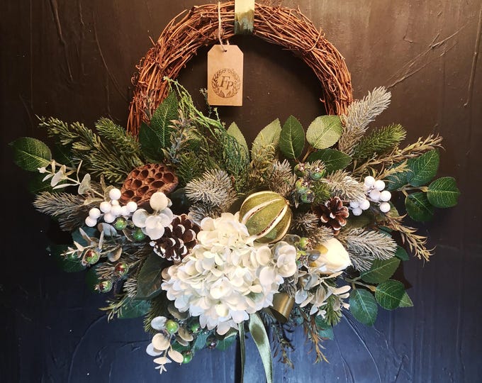 Winter Door Wreath Christmas White Hydrangea Lotus Pod Grapevine Base