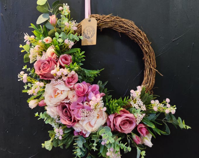 Pink roses artificial flowers handmade door wreath