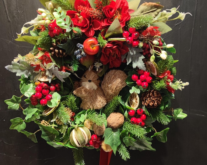 Squirrel wreath - artificial flowers handmade door wreath