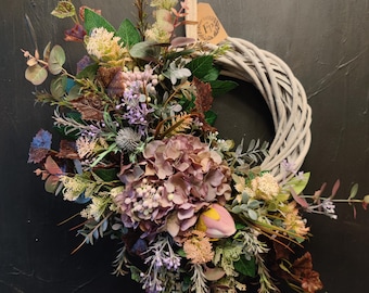 Lush Hydrangea & Eucalyptus Wreath, Asymmetrical Faux Floral Door Wreath, Elegant Home Decor, Handmade Greenery with Ivy and Berries