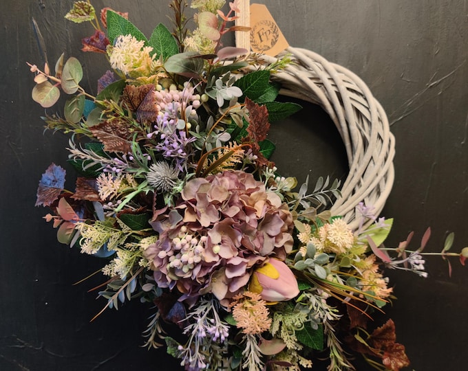 Lush Hydrangea & Eucalyptus Wreath, Asymmetrical Faux Floral Door Wreath, Elegant Home Decor, Handmade Greenery with Ivy and Berries
