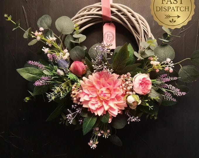 Pink Dahlia Door Wreath, Artificial Flower Wreath, Summer Front Door Wreath, Eucalyptus & Lavender Wreath, Cottage Garden Decor