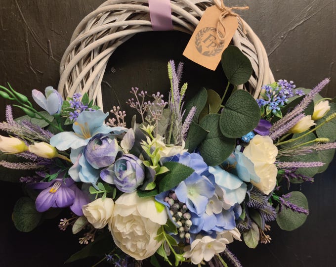 Blue Hydrangea Front Door Wreath Lavender Cream Rose Eucalyptus