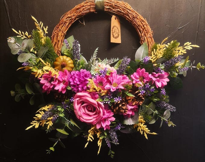 Autumn Magenta Pink Rose Front Door Wreath with Hydrangea Lavender Gold Pumpkin and Eucalyptus