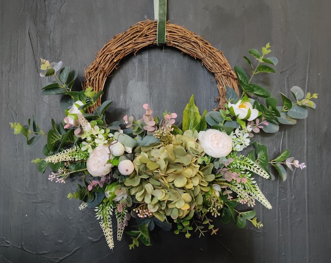 Green hydrangea, peonies and berries artificial flowers handmade door wreath
