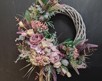 All year hydrangea and roses artificial flowers handmade door wreath with berries and eucalyptus