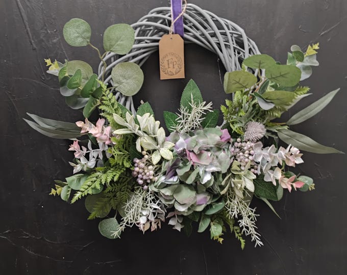 Green hydrangea and eucalyptus artificial flowers handmade door wreath