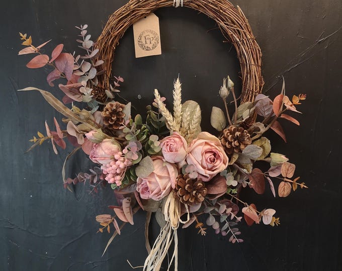 Romantic Dusky Pink Rose & Vintage Eucalyptus Autumn Door Wreath