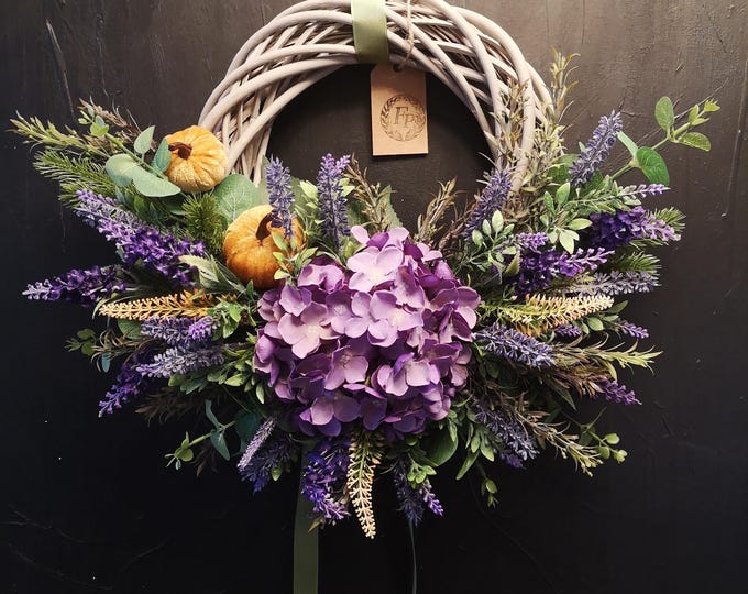 Autumn Door Wreath Handmade Deep Purple Hydrangea Ochre Pumpkins Lavender Sage Grey Willow Base