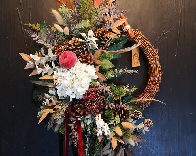 Autumn Door Wreath Handmade White Hydrangea Frosted Red Apple Cinnamon Velvet Grapevine