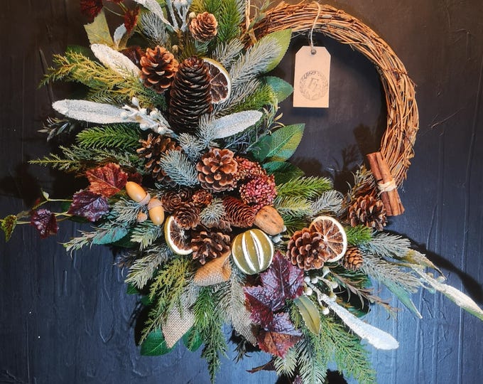 Autumn Door Wreath Handmade Frosted Pinecone Dried Lime Orange Cinnamon Grapevine Base