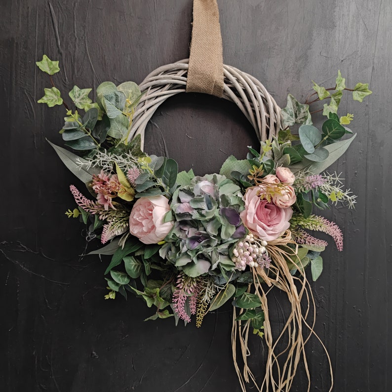 Hydrangea and roses artificial flowers handmade door wreath 画像 2