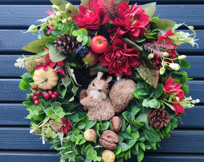 Squirrel wreath - artificial flowers handmade door wreath
