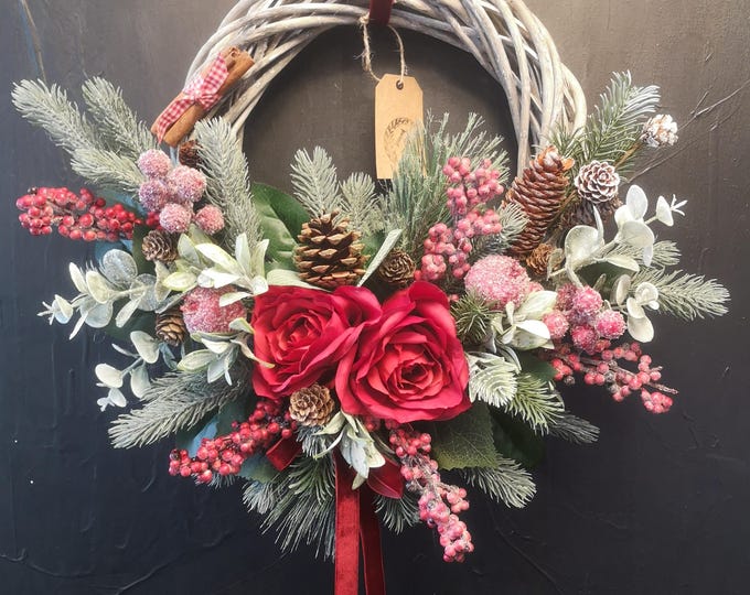 Winter Door Wreath Christmas Handmade Red Rose Frosted Berry Cinnamon Grey Willow Base