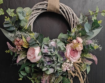 Hydrangea and roses artificial flowers handmade door wreath