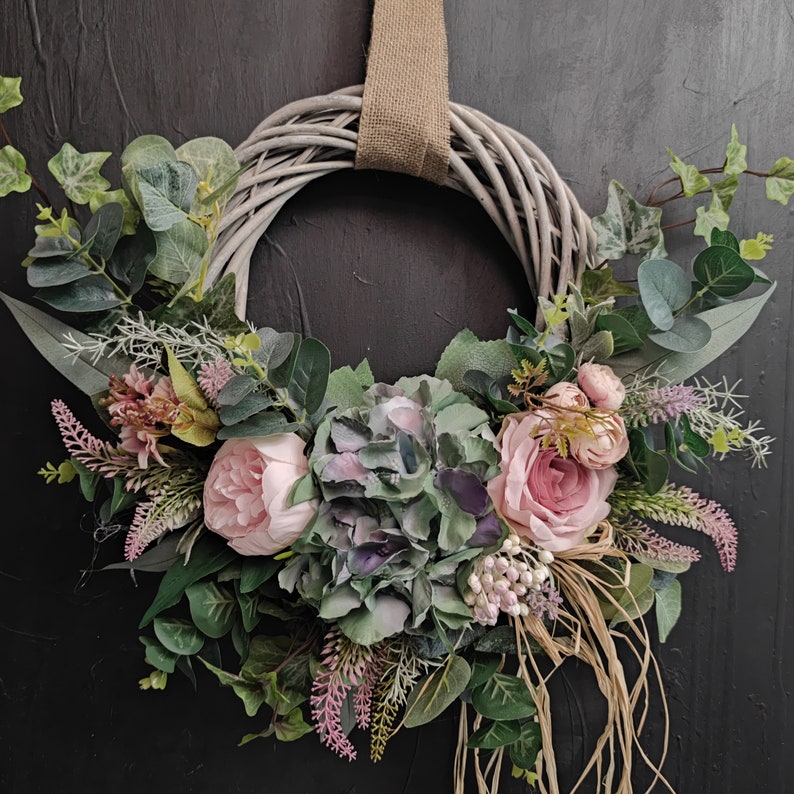 Hydrangea and roses artificial flowers handmade door wreath image 1