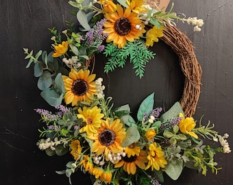 Sunflower Front Door Wreath, Rustic Summer Floral Wreath on Natural Vine Base