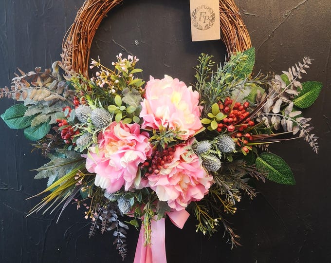 Pink Peony Front Door Wreath, Pink Floral Vine Wreath, Peonies and Berries Handmade Spring Summer Door Decor