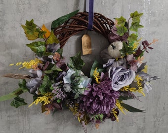 Autumn purple and grey pumpkin handmade door wreath   *56